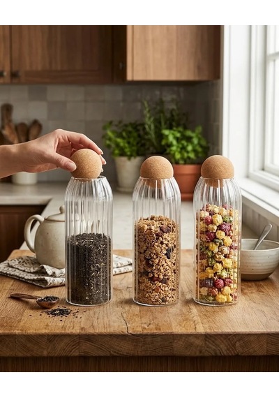 3lü Top Mantar Kapaklı Çizgili Desen Kavanoz 500ml Cam
