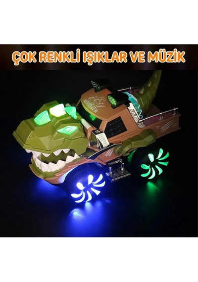 Hareketli Dinozor Oyuncak Araba - Işıklı, Müzikli, Çarp Dön Özellikli T-rex Kamyon - 2 Yaş+ Çok Renkli