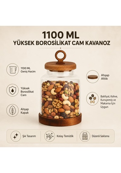 1100 Ml Yüksek Borosilikat Cam Kavanoz, Ahşap Kapaklı Ve Ahşap Altlıklı Saklama Kavanozu, Bakliyat Kahve Kuruyemi Diğer