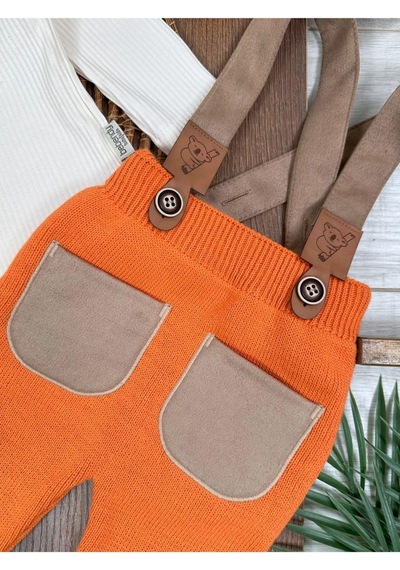 Tiwitibaby Triko Çapraz Askılı Salopet Koala Figürlü Esnek Kaşkorse Badi Bereli Unisex Bebek Takım Turuncu