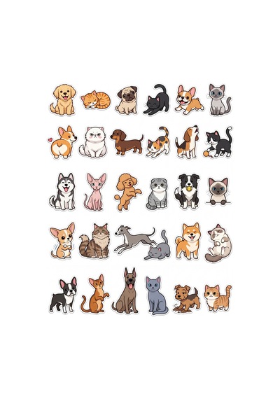 30 Adet Chibi Kedi Ve Köpek Sticker Seti - Laptop Ajanda Defter İçin Çok Renkli