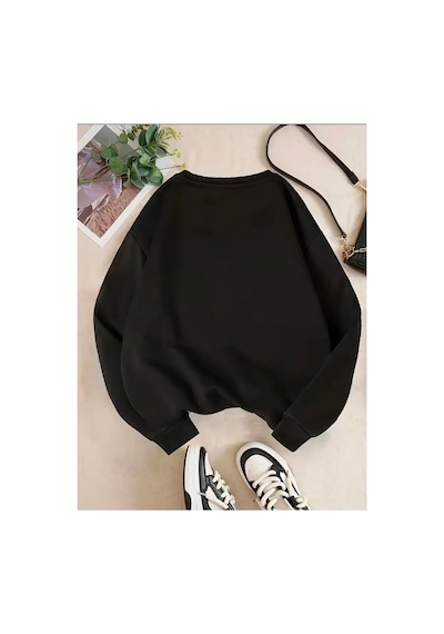 Medinenur Papatya Baskılı Bisiklet Yaka Sweatshirt Siyah