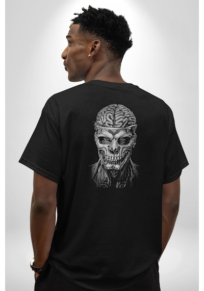 İnsan Beyni Korku Sineması Pamuklu Unisex Oversize Sırt Dijital Baskılı Siyah T-shirt Siyah