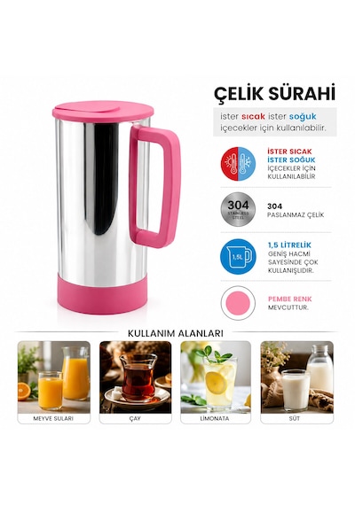 Pembe - Paslanmaz Çelik Sıcak - Soğuk Çelik Sürahi 5250