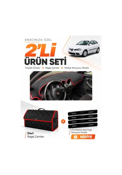 Seat Ibıza 2001-2008 Uyumlu Torpido Örtüsü + Deri Bagaj Çantası + Sticker Seti - Siyah Kırmızı