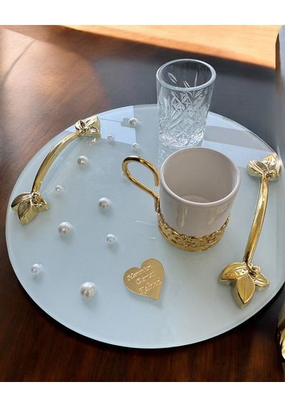 Beloved Gold Beyaz İncili Söz Tepsisi Nişan Tepsisi Ve Damat Kahve Fincan Tepsi Seti Beyaz Beyaz
