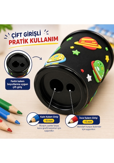Bakgelal Uzay Temalı Çift Delikli Kalemtraş Hazneli Masaüstü Kalem Açacağı Çocuk Okul Kırtasiye Ürünü 1 Adet - 9004620228050