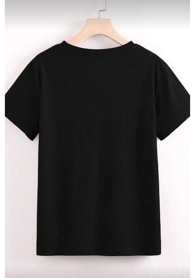 Gold Cherry Kadın Oversize Ön Baskılı Bisiklet Yaka Pamuklu T-shirt Rahat Kesim SIYAH