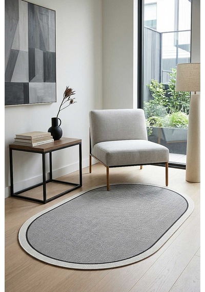 Natura Sisal Hasır Görünümlü Çift Bordürlü Oval Halı Ntr26 Krem-gri