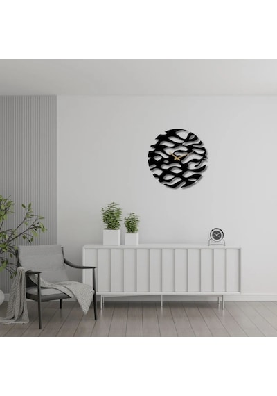 Metal Duvar Saati Dalga Detaylı Dekoratif Saat Siyah-46 X 46