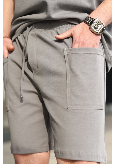 Madmext Füme Bisiklet Yaka Oversize Erkek Şort T-shirt Takım E7355 Füme