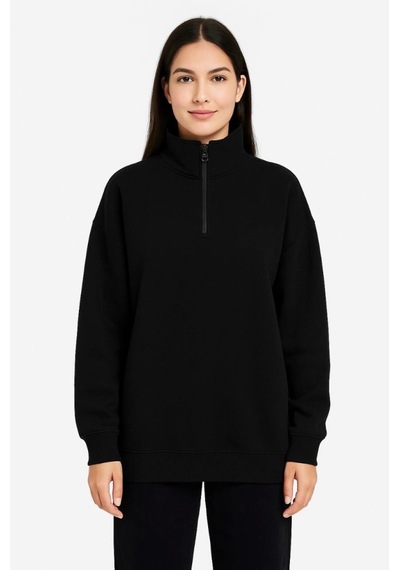 Üç İplik Dık Yaka Yarım Fermuarlı Sweatshirt - Siyah SIYAH
