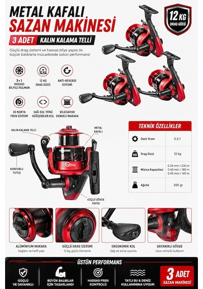 Profesyonel 3 Lü Sazan Olta Takımı - 3.60mt- Kırılmaz Kamış Metal Kafa Makine