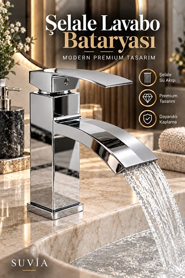 Lavabo Bataryası Şelale Akışlı Krom Banyo Lavabo Musluğu Modern Armatür