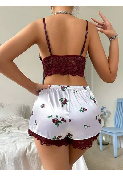Ece's Design Dantelli 2 Li Şortlu Pijama Takımı Rahat & Şık Home Wear W2004 Bordo