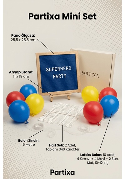 Süper Kahraman Doğum Günü Süsleme Mini Set Koyu Mavi Keçe Yazı Panosu Standlı Balon Zincirli 1 - 5