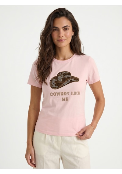 Onloox Kadın Yavru Ağzı Yavru Ağzı Pamuklu Kısa Kollu Rahat Kesim Kovboy Şapka Nakışlı Boncuk İşlemeli T-shirt Yavruağzı