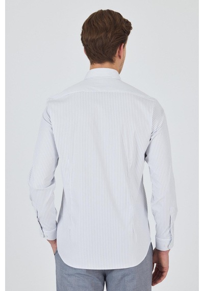 İmza Uzun Kol Çizgili Desen Bez Ayağı Sert Yaka Cepsiz Esnek Classic Slim Fit Gömlek 1004250159 Beyaz