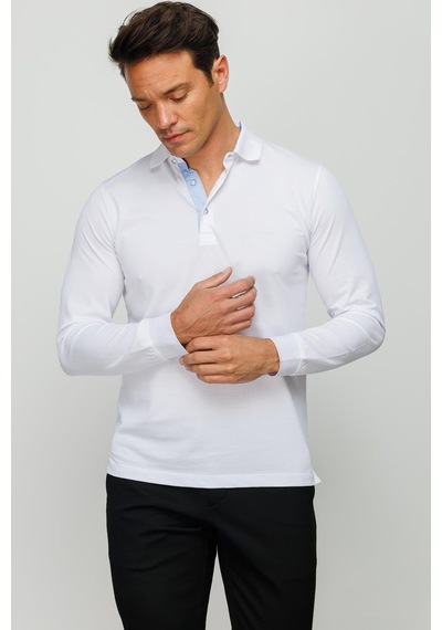 Desen Triko Erkek Polo Yaka Uzun Kollu Sweatshirt Beyaz Beyaz