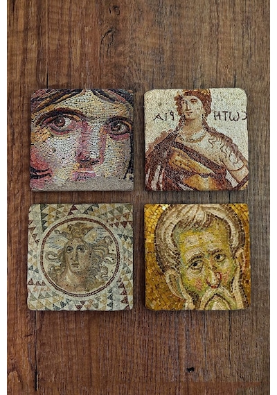 Doğal Taş Bardak Altlığı 4'lü Set - Zeugma Mozaik Desenli Doğal Taş Bardak Altı - Stone Coasters Çok Renkli