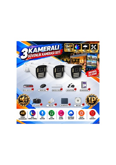 3 Kameralı 4k Sesli İp Güvenlik Kamerası Seti 5mp Gece Renkli Görüş 21 Warm Led Poe 421wsp