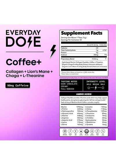 Everyday Dose 90 Mg Caffeıne,5000 Mg Collagen,l-theanine,chaga,lion's Mane Premium Coffee 30 Serving