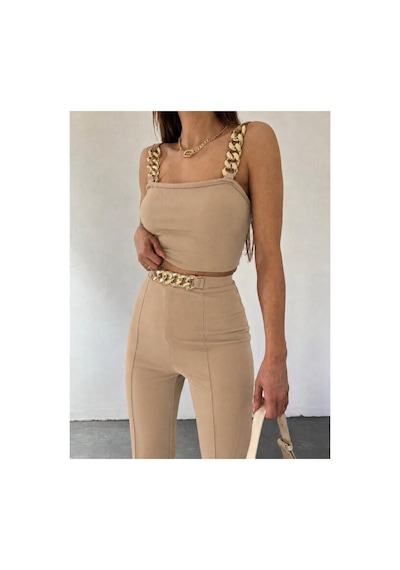 Butik İstanbul Kadın Zincir Askılı Krop Ithal Krep Bluz Ve Pantolon Ikili Takım Sütlü Kahve