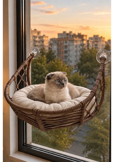 Reyo Lüxperi Hilal Kedi Cam Yatağı & Vantuzlu Cam Yatağı & Kedi Pencere Yatağı Açık Gri