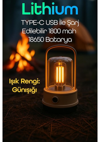 Şarjlı Kamp Lambası Filament Işıklı Orta-yüksek Işık Sos Askılı Işıldak El Feneri Gece Lambası 382 Krem