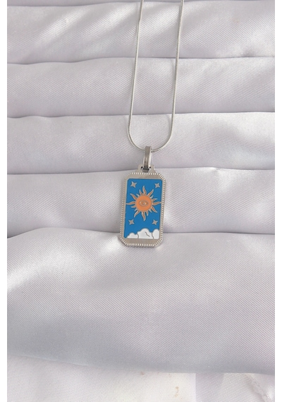 316l Çelik Gümüş Renk Mavi Mineli Güneş Model Tarot Kolye - Tj-bko9042