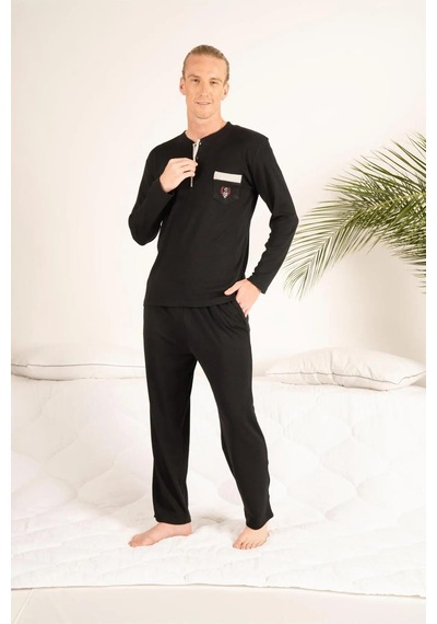Estiva Gd Goldoremi 23403 Erkek Kışlık Yuvarlak Yaka Cepli Pamuklu Pijama Takımı Siyah