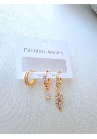 Dali Shop Yaprak Figürlu 3'lü Zirkon Küpe Gold