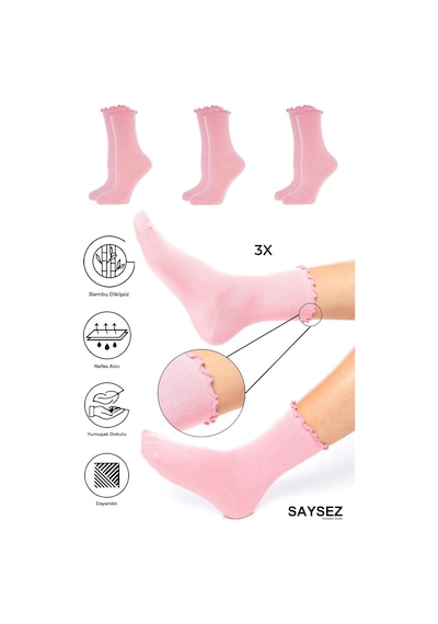 Saysez Bambu Kadın Lastiksiz Pembe Fırfırlı Soket Dikişsiz Çorap 3'lü Paket / İz Bırakmaz / Sıkmayan Çorap Renkli Saysez Bambu Kadın Lastiksiz Pembe Fırfırlı Soket Dikişsiz Çorap 3'lü Paket / İz Bırakmaz / Sıkmayan Çorap Renkli