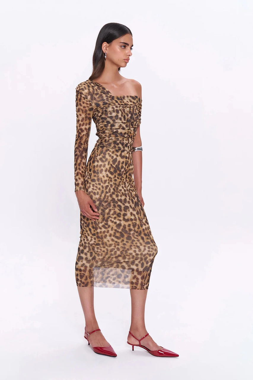 Olla Collection Leopar Desenli Drape Detaylı Tül Midi Elbise Kahverengi Kahverengi