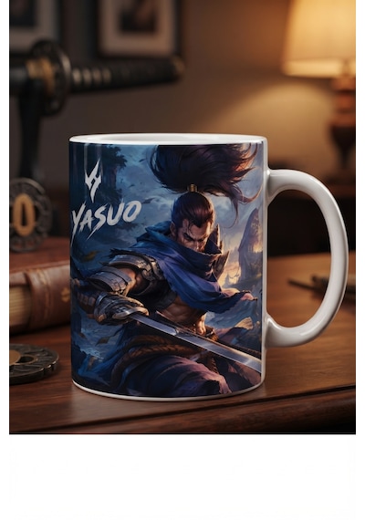 League Of Legends Yasuo Özel Tasarım Baskılı Beyaz Kupa Bardak - Koleksiyonluk Oyuncu Kupası Açık Beyaz