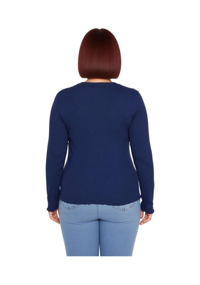 Ersefa Stil Kadın Fitilli Bluz Crop Örme Fitted Kalıp Büyük Beden Lacivert