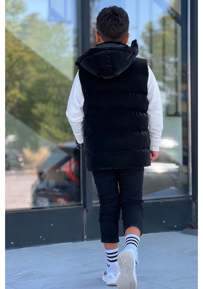 Pina Kids Erkek Çocuk Çıtçıt Kapüşonlu Nova Kumaş Şişme Yelek Ylk3026 Siyah