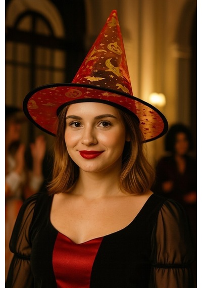 Beysüs Halloween Cadılar Bayramı Cadı Şapkası Kırmızı Gold Şeffaf Tüllü Tüm Yaşlar