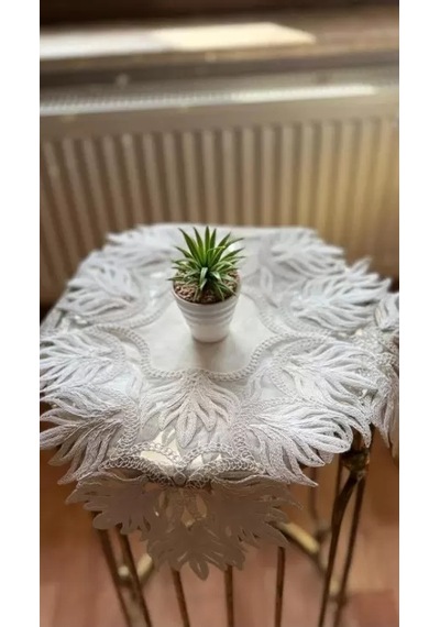 Salon Takımı 5 Parça Dantelli Keten Masa Örtüsü Runner Seti Çeyizlik Samina Model No 85693 Krem Çok Renkli