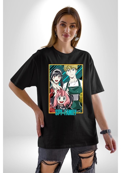 Spy X Family Anime Özel Tasarım Pamuklu Bisiklet Yaka Unisex Oversize Boyfriend Dijital Baskılı Siyah T-shirt Siyah
