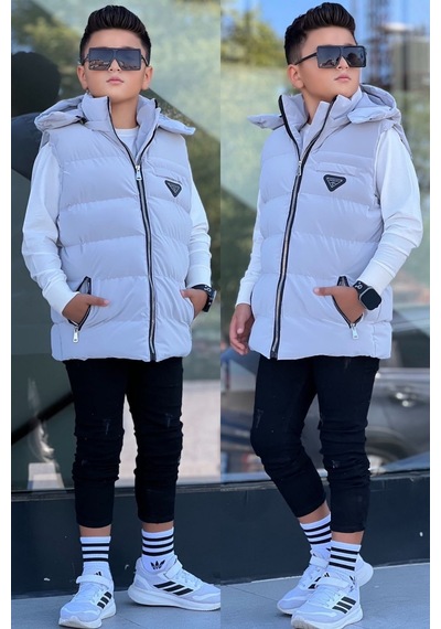Pina Kids Erkek Çocuk Çıtçıt Kapüşonlu Nova Kumaş Şişme Yelek Ylk3026 Gri