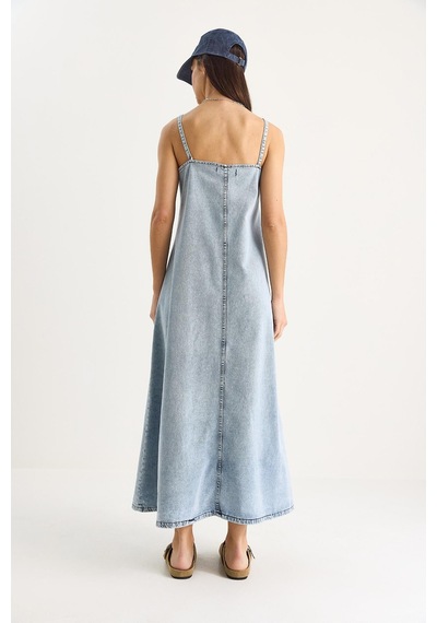 Kadın İnce Askılı Uzun Denim Elbise 6058 60281039 - Kar Yıkama