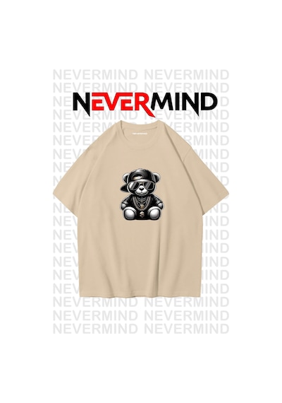 Nevermind Erkek Oversize Siyah Tişört Hip Hop Ayı Baskılı, Sokak Modası S Bej