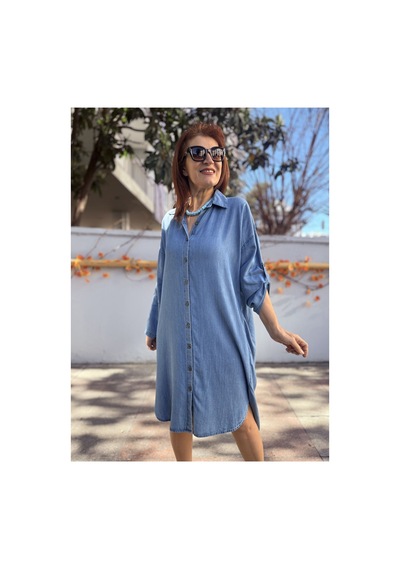 Denizege Liyosel Denim Gömlek Elbise Açık Mavi Açık Mavi