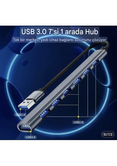 Wowssyo 7'nin 2'si Usb 3.0+usb 2.0 Çoğaltıcı Hub Çoklayıcı Ce Sertifikalı Lisanslı 7 Port Hızlı Sağlam Metal