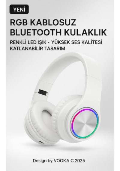 Rgb Işıklı Kablosuz Bluetooth Kulak Üstü Kulaklık Müzik, Oyun, Mikrofonlu, Katlanabilir