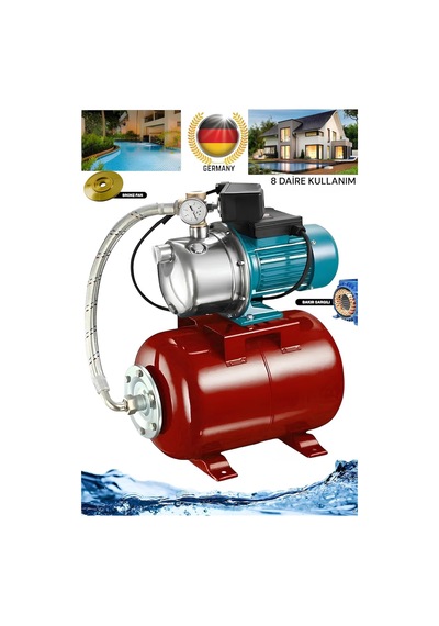 2 Hp Jet Paslanmaz Gövde Su Pompası Daire Kullanımı 50 Lt Tank Otomatik Çalışma 8 Daire