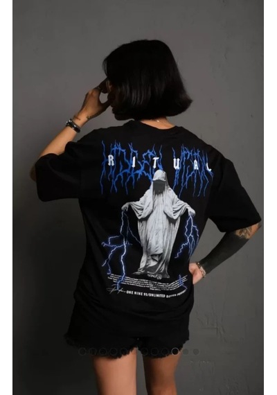 Modi Unisex Bisiklet Yaka Baskılı Oversize T-shirt - Siyah