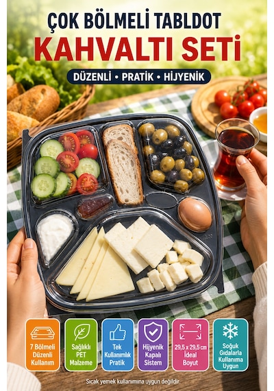 Tabldot 7 Bölmeli Kapaklı Kahvaltı Seti Pet Tek Kullanımlık Piknik Ofis Brunch Servis Kabı 29,5cm Xl Siyah