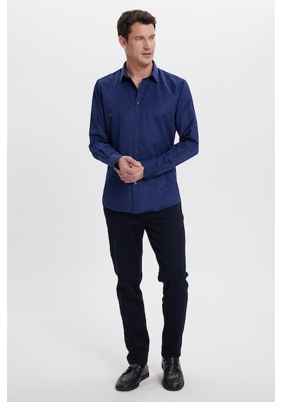 Tudors Modern Slim Fit Uzun Kollu Pamuklu Kolay Ütü Armürlü Lacivert Erkek Gömlek-41844 Lacivert